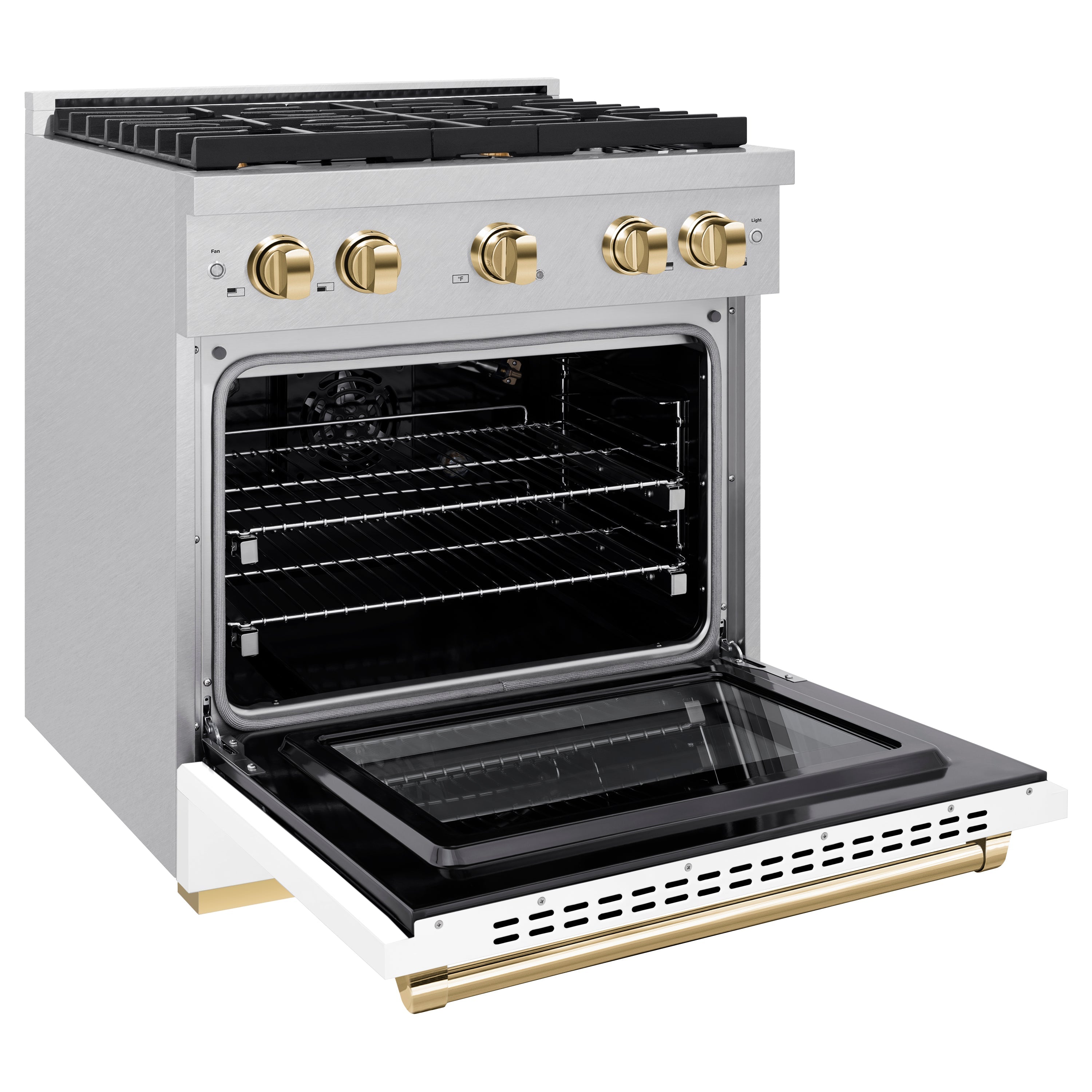 ZLINE Autograph Edition 30 in. 4.2 cu. ft. 4 Burner Gas Range with Convection Gas Oven in DuraSnow® Stainless Steel with White Matte Door and Polished Gold Accents (SGRSZ-WM-30-G)