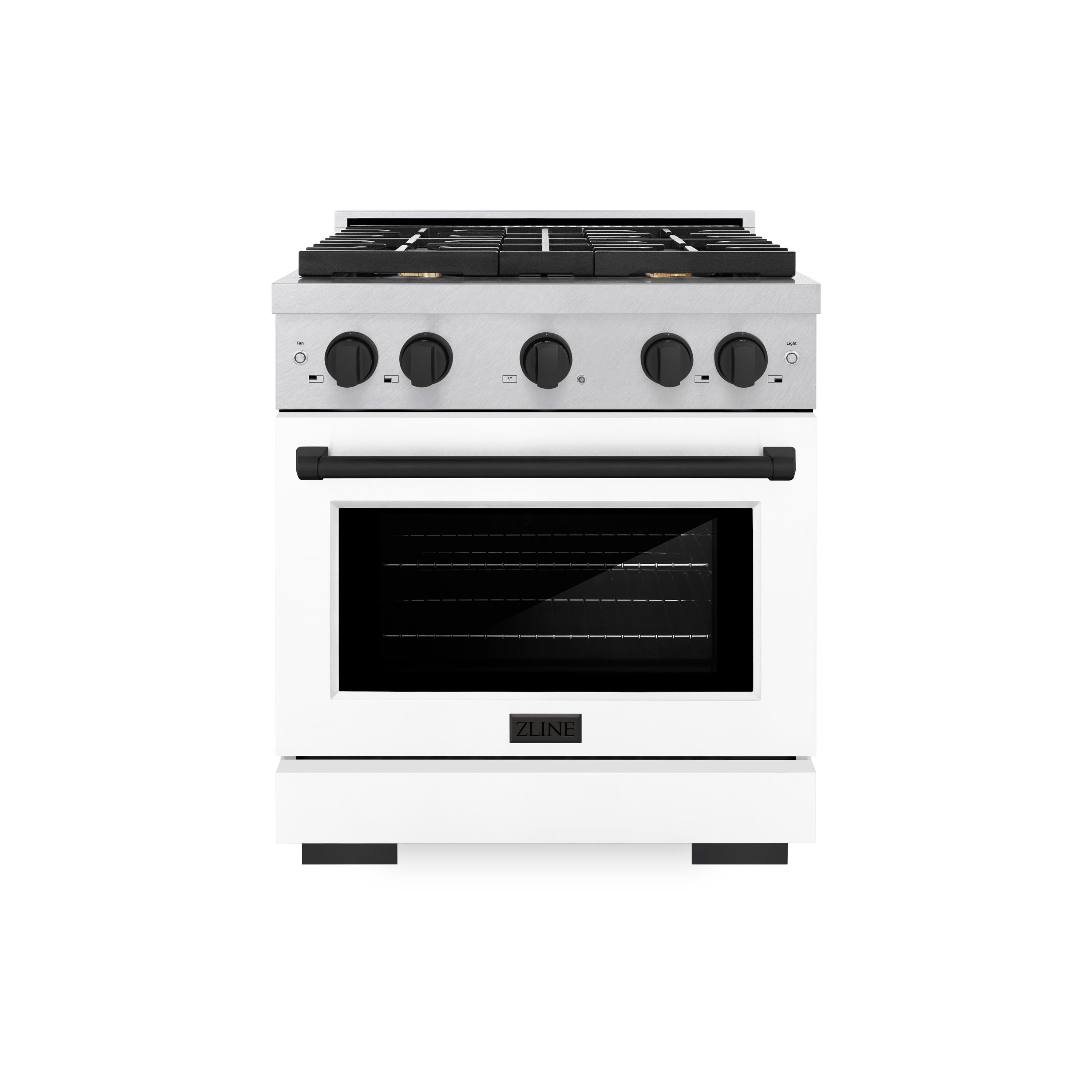 ZLINE Autograph Edition 30 in. 4.2 cu. ft. 4 Burner Gas Range with Convection Gas Oven in DuraSnow® Stainless Steel with White Matte Door and Matte Black Accents (SGRSZ-WM-30-MB)