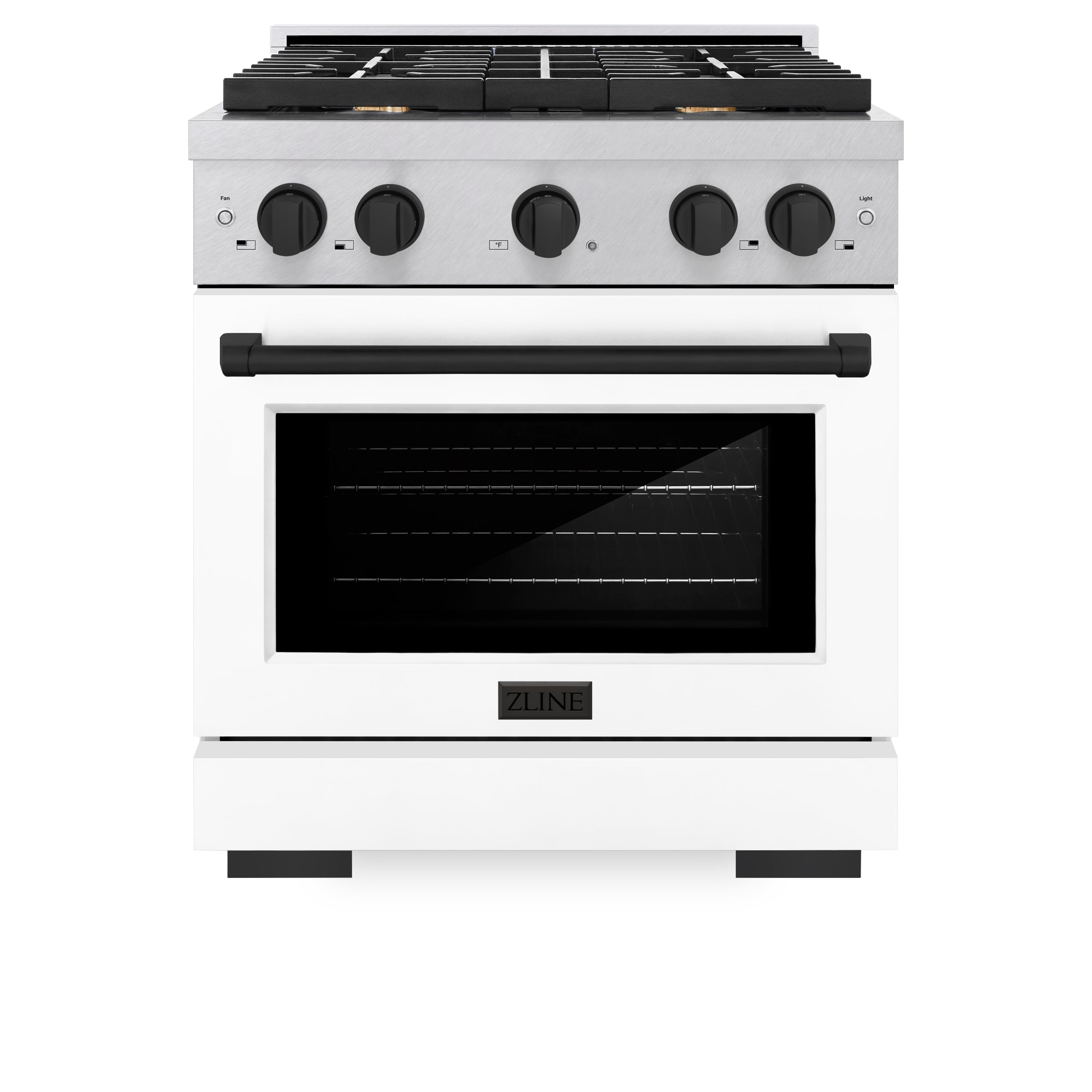 ZLINE Autograph Edition 30 in. 4.2 cu. ft. 4 Burner Gas Range with Convection Gas Oven in DuraSnow® Stainless Steel with White Matte Door and Matte Black Accents (SGRSZ-WM-30-MB)