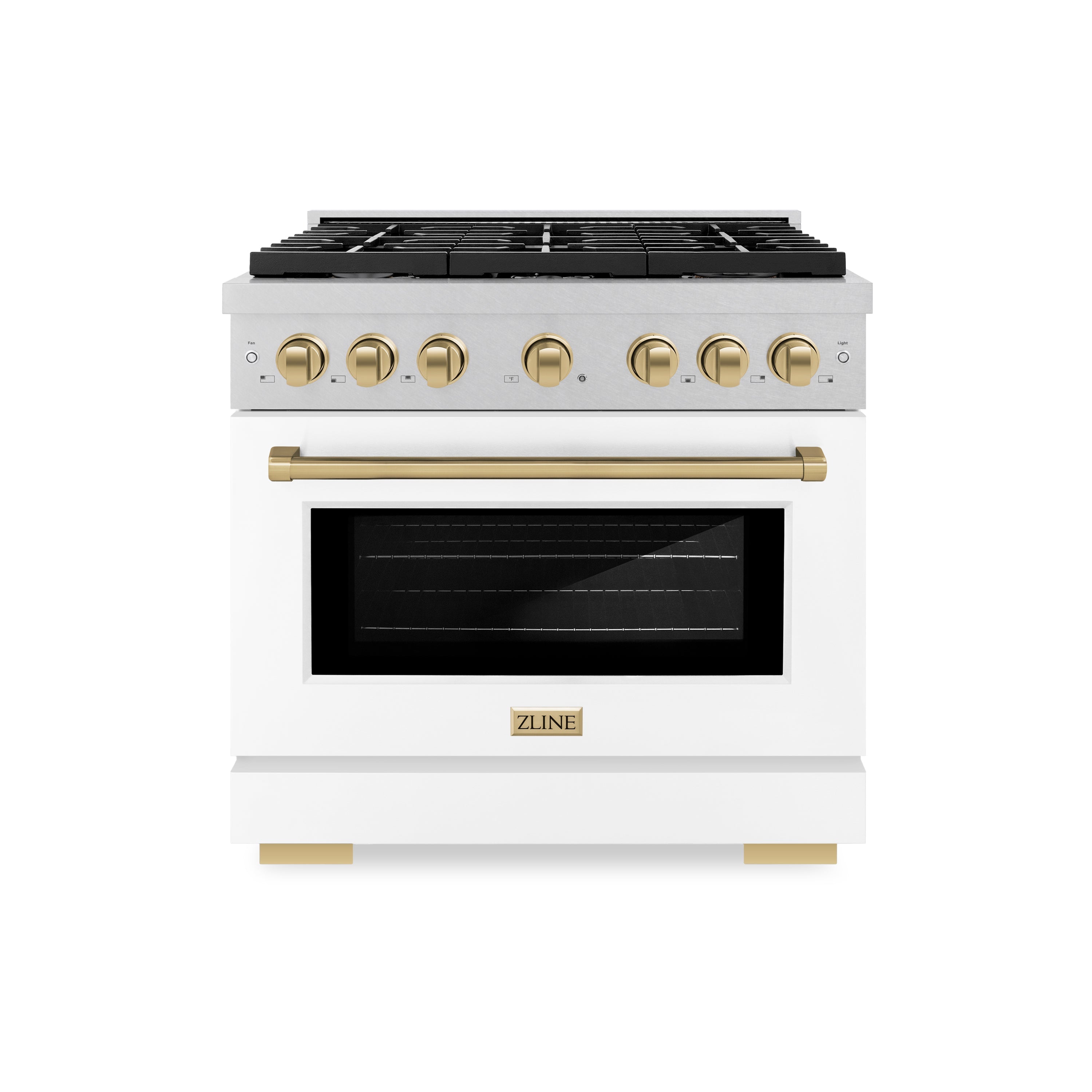 ZLINE Autograph Edition 36 in. 5.2 cu. ft. 6 Burner Gas Range with Convection Gas Oven in DuraSnow® Stainless Steel with White Matte Door and Champagne Bronze Accents (SGRSZ-WM-36-CB)