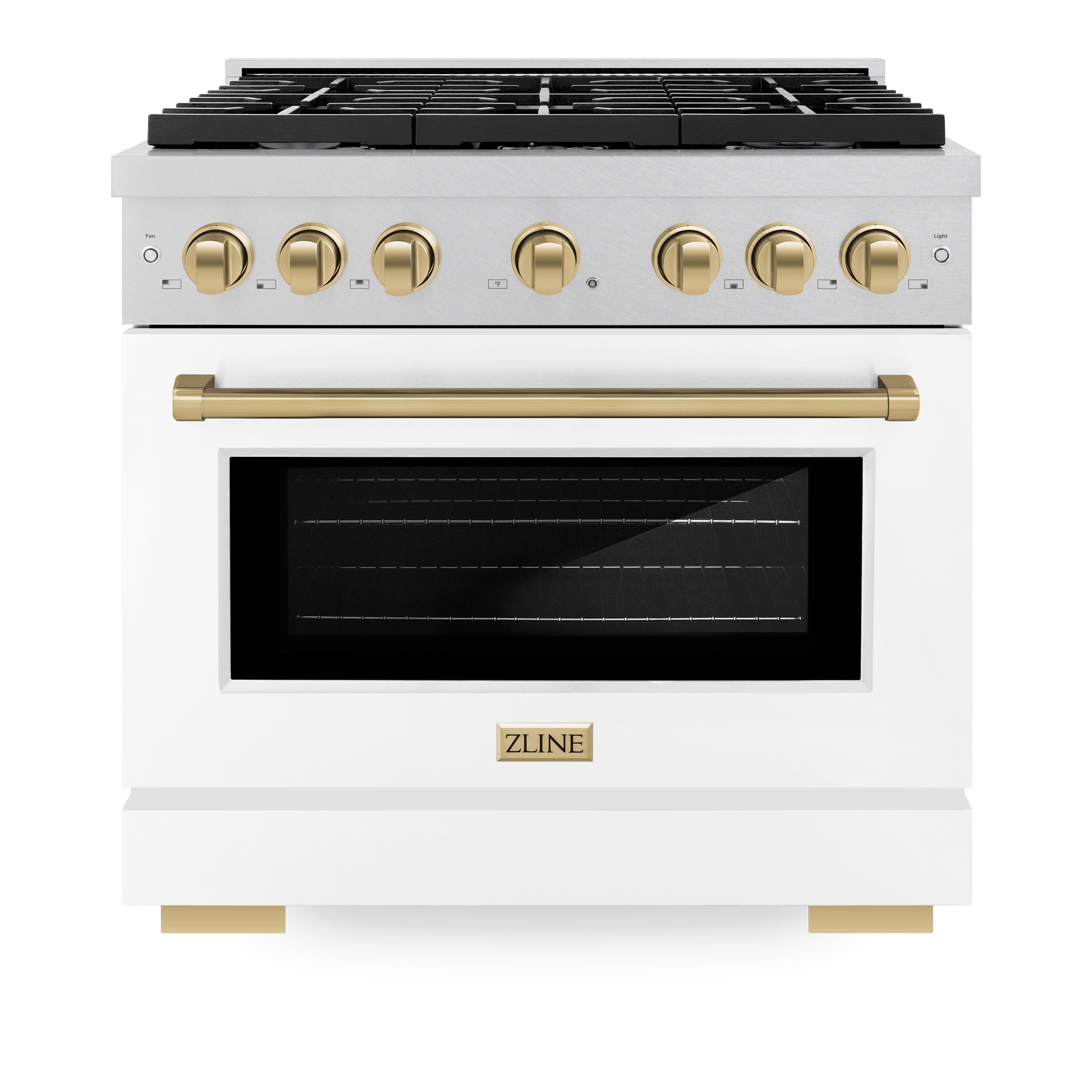 ZLINE Autograph Edition 36 in. 5.2 cu. ft. 6 Burner Gas Range with Convection Gas Oven in DuraSnow® Stainless Steel with White Matte Door and Champagne Bronze Accents (SGRSZ-WM-36-CB)