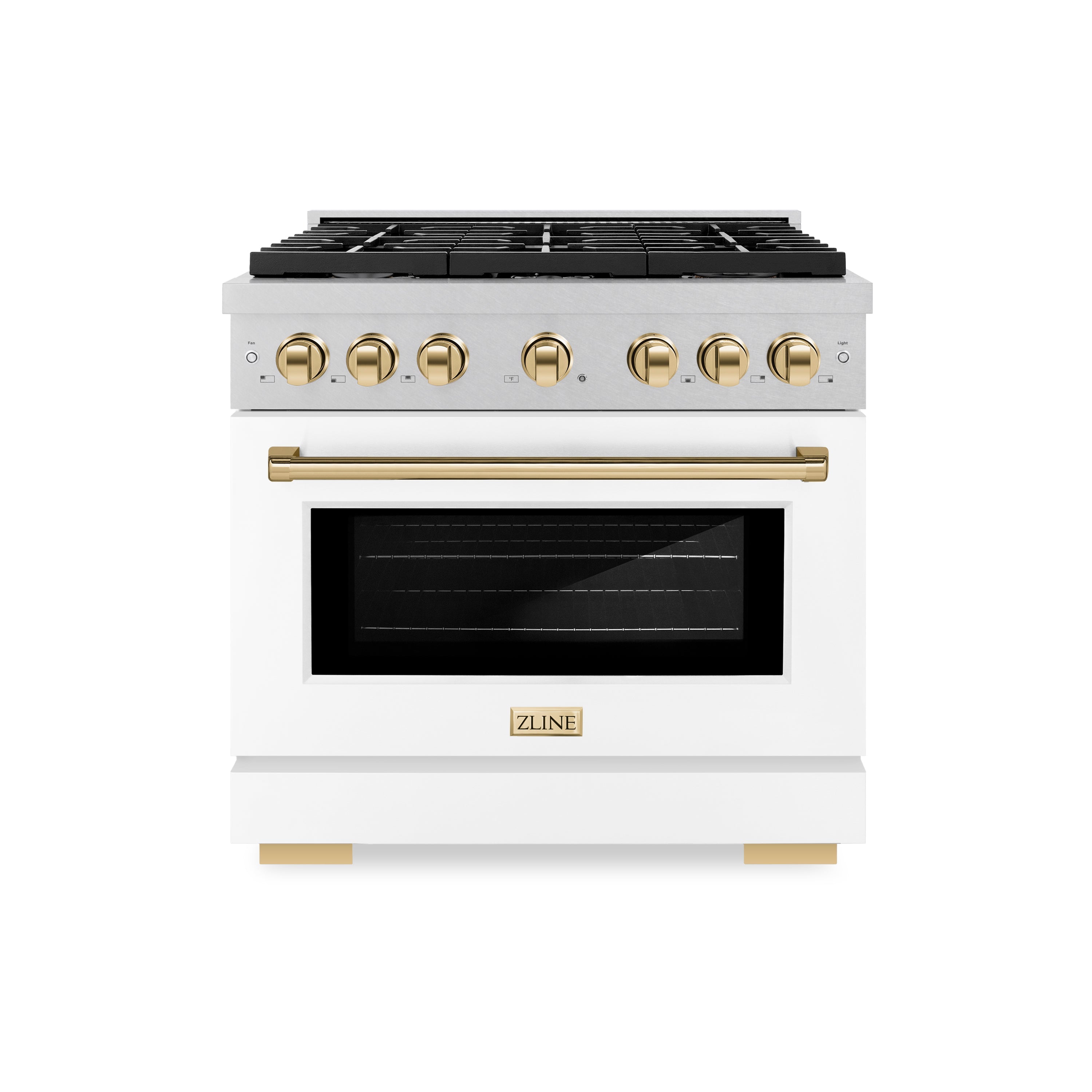 ZLINE Autograph Edition 36 in. 5.2 cu. ft. 6 Burner Gas Range with Convection Gas Oven in DuraSnow® Stainless Steel with White Matte Door and Polished Gold Accents (SGRSZ-WM-36-G)