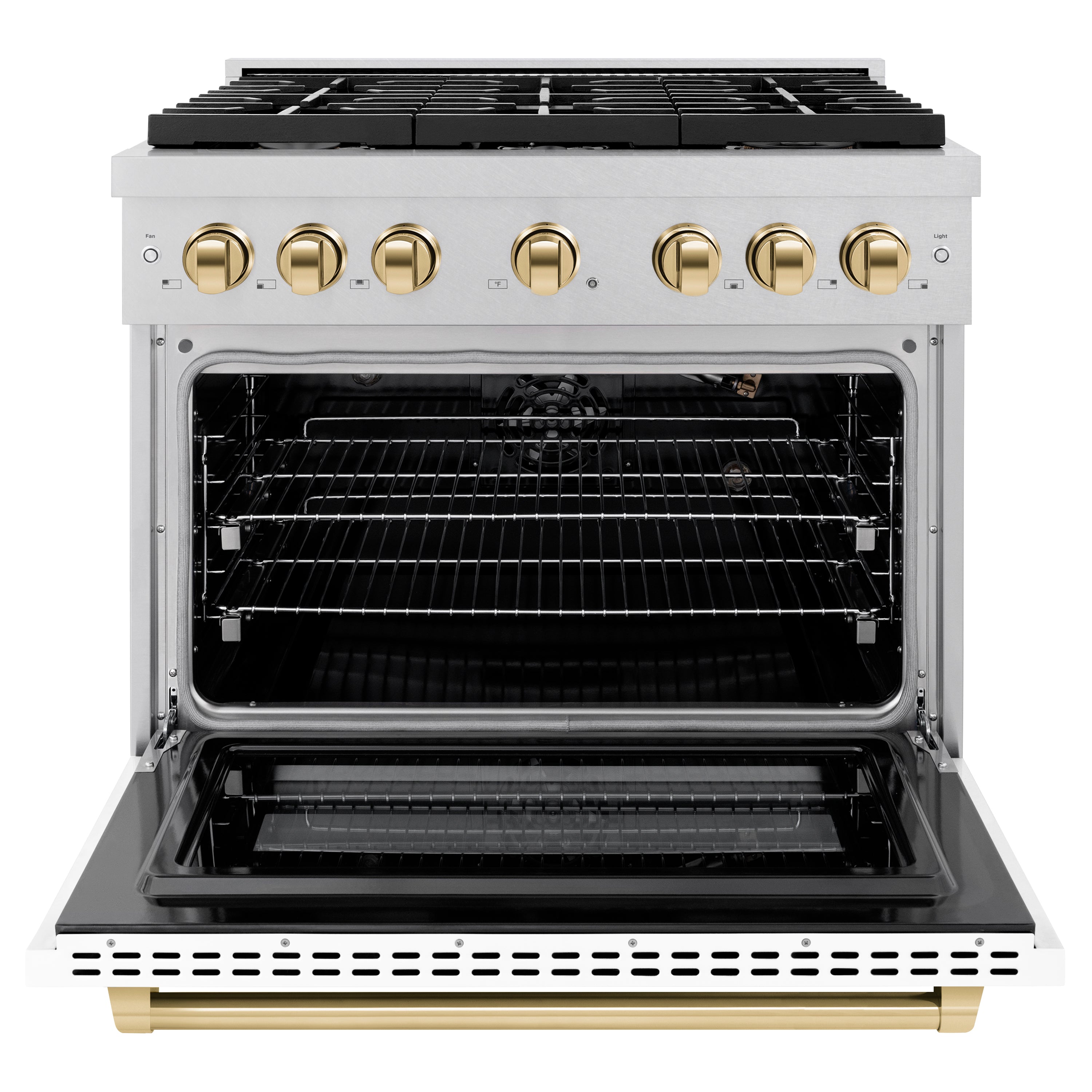 ZLINE Autograph Edition 36 in. 5.2 cu. ft. 6 Burner Gas Range with Convection Gas Oven in DuraSnow® Stainless Steel with White Matte Door and Polished Gold Accents (SGRSZ-WM-36-G)