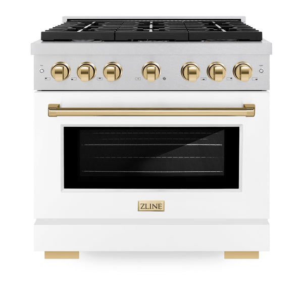 ZLINE Autograph Edition 36 in. 5.2 cu. ft. 6 Burner Gas Range with Convection Gas Oven in DuraSnow® Stainless Steel with White Matte Door and Polished Gold Accents (SGRSZ-WM-36-G)