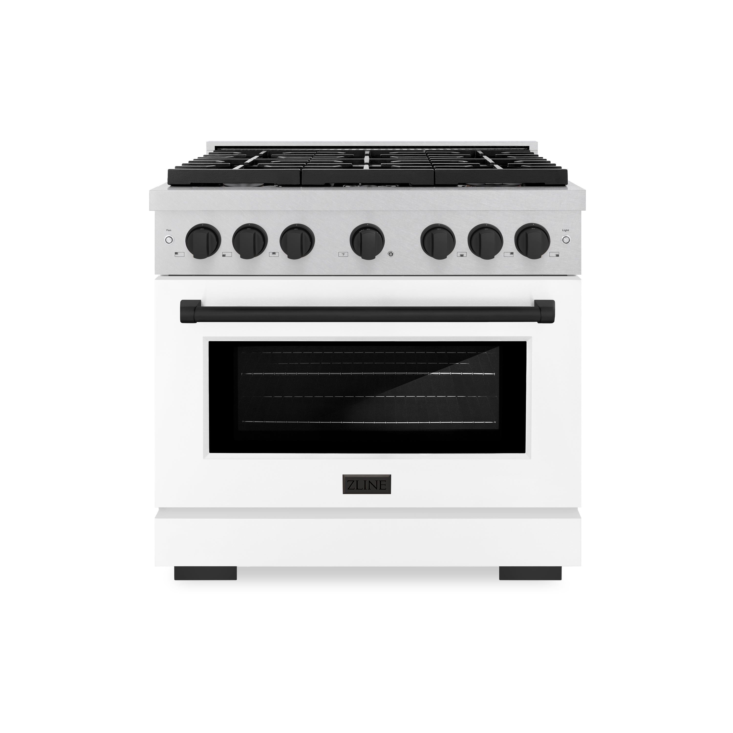 ZLINE Autograph Edition 36 in. 5.2 cu. ft. 6 Burner Gas Range with Convection Gas Oven in DuraSnow® Stainless Steel with White Matte Door and Matte Black Accents (SGRSZ-WM-36-MB)