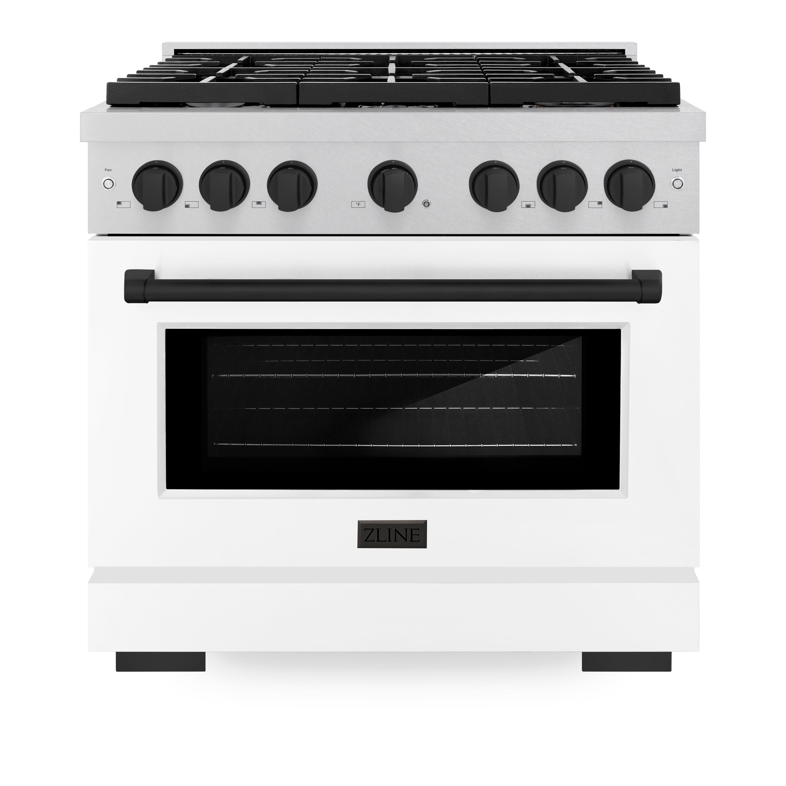 ZLINE Autograph Edition 36 in. 5.2 cu. ft. 6 Burner Gas Range with Convection Gas Oven in DuraSnow® Stainless Steel with White Matte Door and Matte Black Accents (SGRSZ-WM-36-MB)