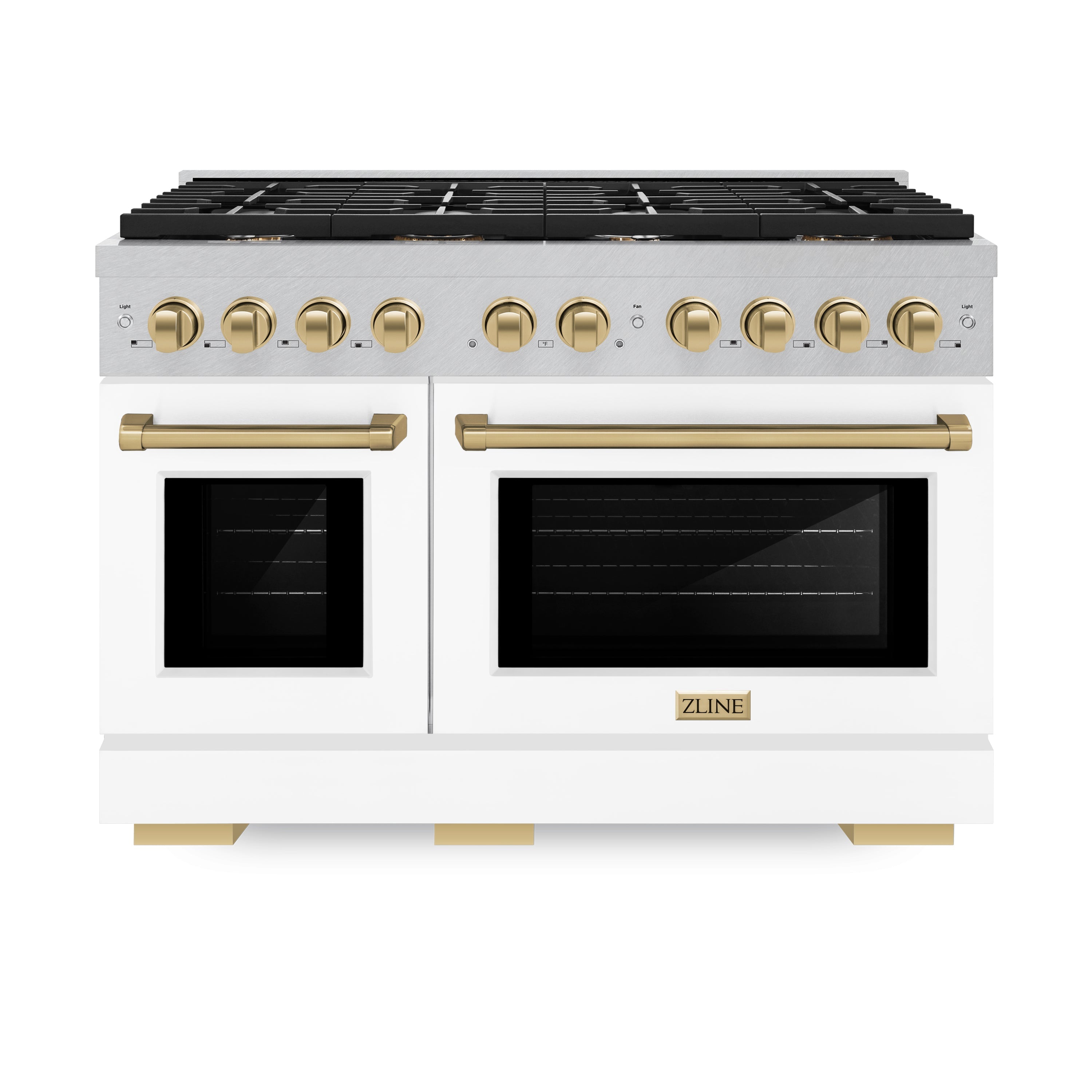 ZLINE Autograph Edition 48 in. 6.7 cu. ft. 8 Burner Double Oven Gas Range in DuraSnow® Stainless Steel with White Matte Doors and Champagne Bronze Accents (SGRSZ-WM-48-CB)