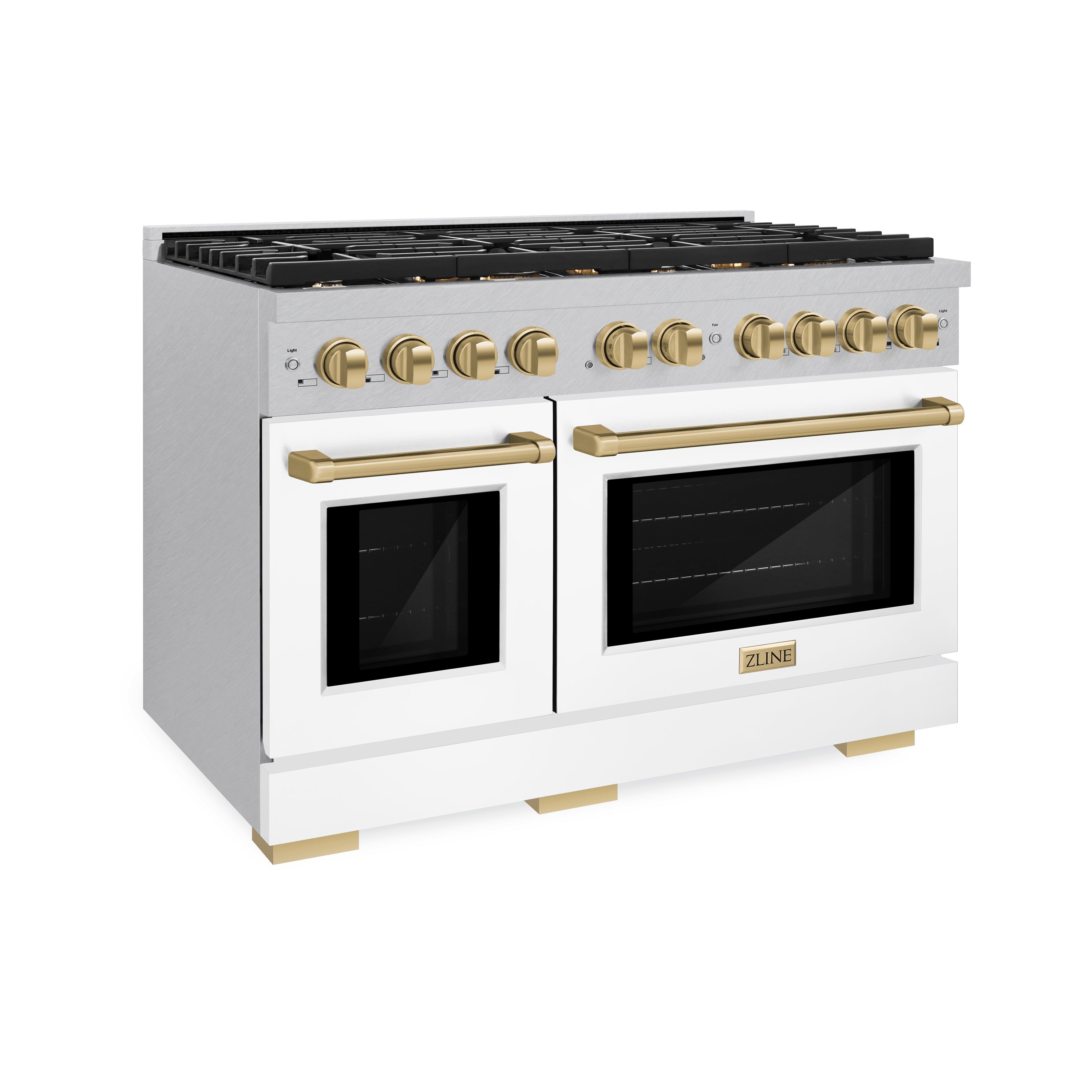 ZLINE Autograph Edition 48 in. 6.7 cu. ft. 8 Burner Double Oven Gas Range in DuraSnow® Stainless Steel with White Matte Doors and Champagne Bronze Accents (SGRSZ-WM-48-CB)