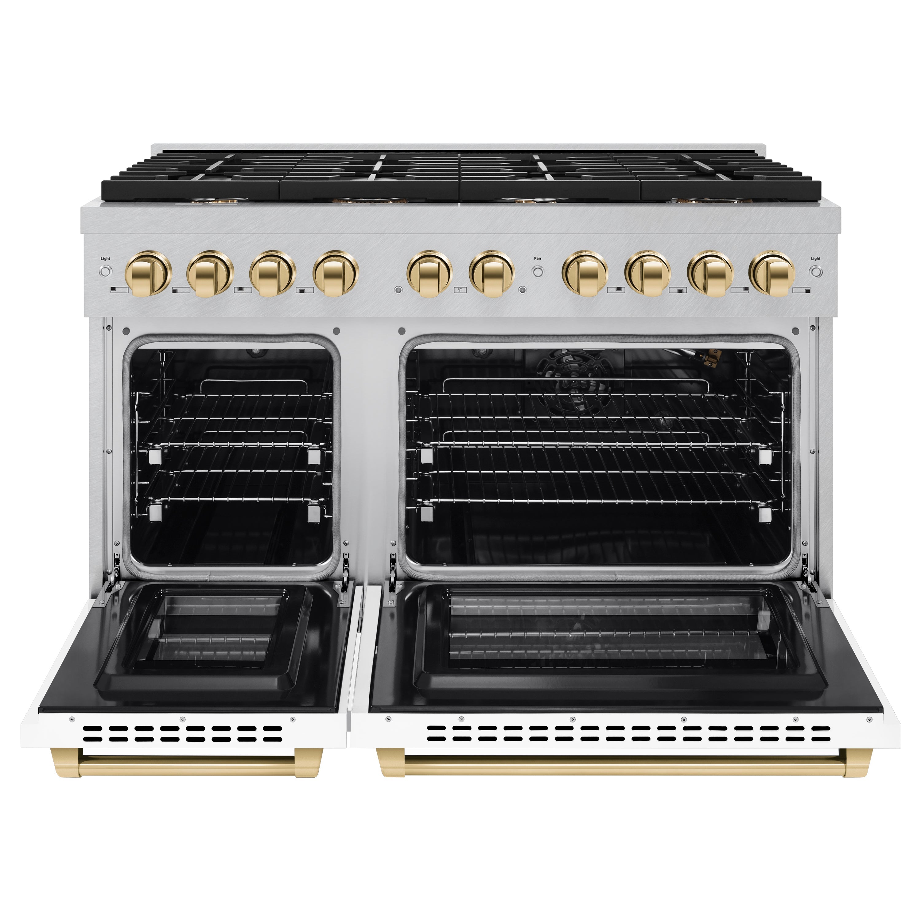 ZLINE Autograph Edition 48 in. 6.7 cu. ft. 8 Burner Double Oven Gas Range in DuraSnow® Stainless Steel with White Matte Doors and Polished Gold Accents (SGRSZ-WM-48-G)