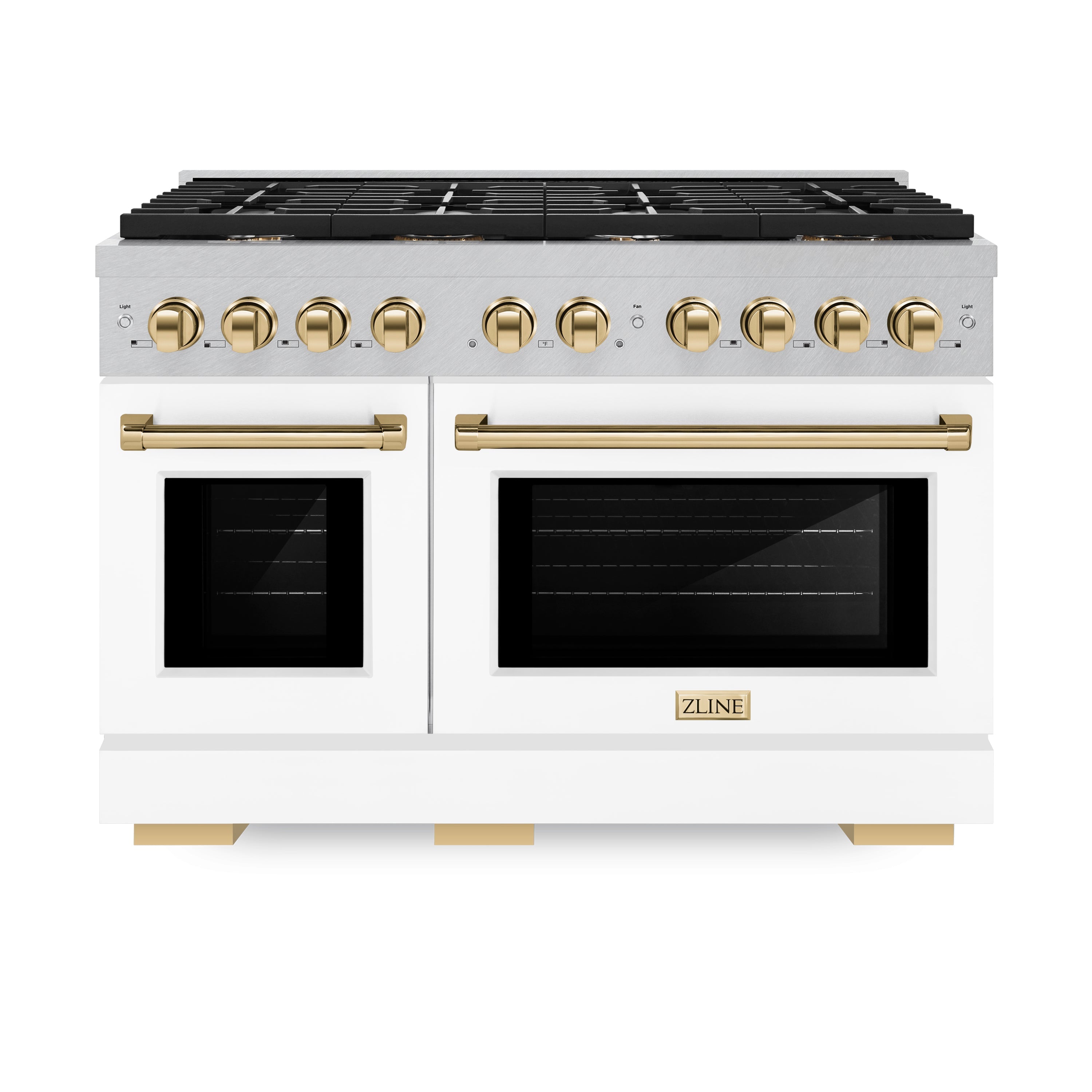 ZLINE Autograph Edition 48 in. 6.7 cu. ft. 8 Burner Double Oven Gas Range in DuraSnow® Stainless Steel with White Matte Doors and Polished Gold Accents (SGRSZ-WM-48-G)