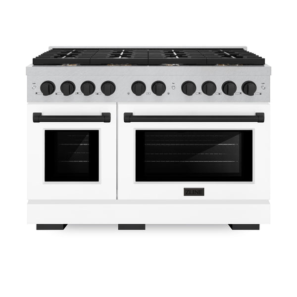 ZLINE Autograph Edition 48 in. 6.7 cu. ft. 8 Burner Double Oven Gas Range in DuraSnow® Stainless Steel with White Matte Doors and Matte Black Accents (SGRSZ-WM-48-MB)