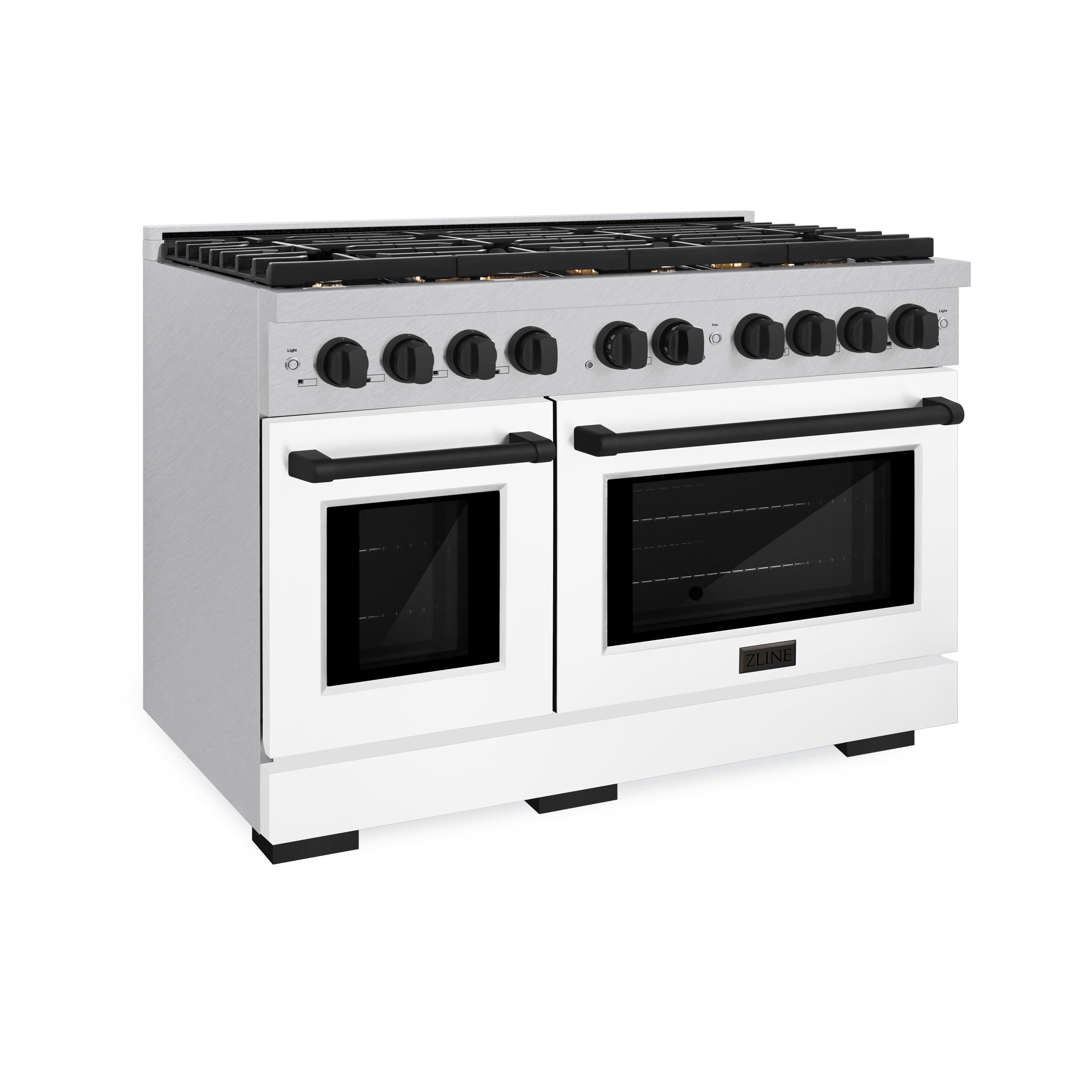 ZLINE Autograph Edition 48 in. 6.7 cu. ft. 8 Burner Double Oven Gas Range in DuraSnow® Stainless Steel with White Matte Doors and Matte Black Accents (SGRSZ-WM-48-MB)