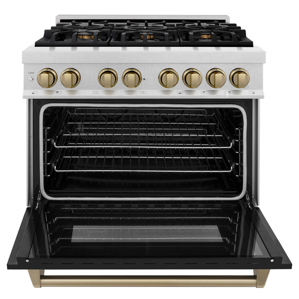 ZLINE Autograph Edition 36 in. 4.6 cu. ft. Dual Fuel Range with Gas Stove and Electric Oven in Fingerprint Resistant DuraSnow® Stainless Steel with Black Matte Door and Champagne Bronze Accents (RASZ-BLM-36-CB)