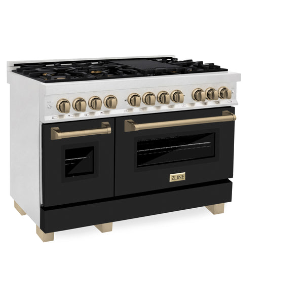 ZLINE Autograph Edition 48 in. 6.0 cu. ft. Dual Fuel Range with Gas Stove and Electric Oven in Fingerprint Resistant Stainless Steel with Black Matte Door and Champagne Bronze Accents (RASZ-BLM-48-CB)