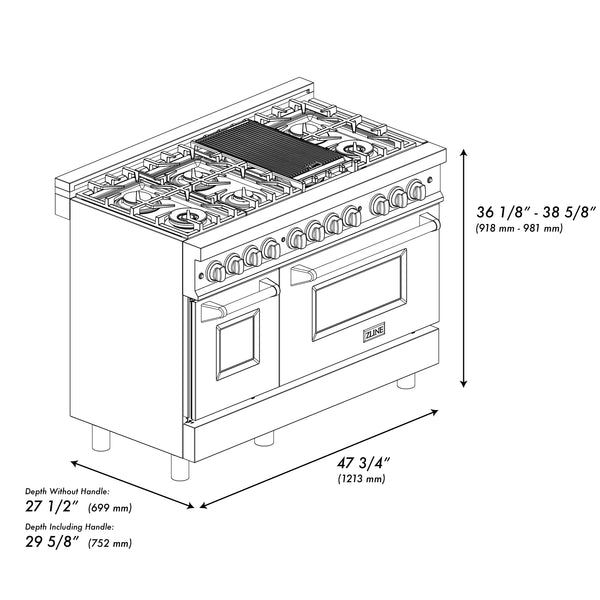 ZLINE Autograph Edition 48" 6.0 cu. ft. Dual Fuel Range with Gas Stove and Electric Oven in Stainless Steel with Black Matte Door and Polished Gold Accents (RAZ-BLM-48-G)