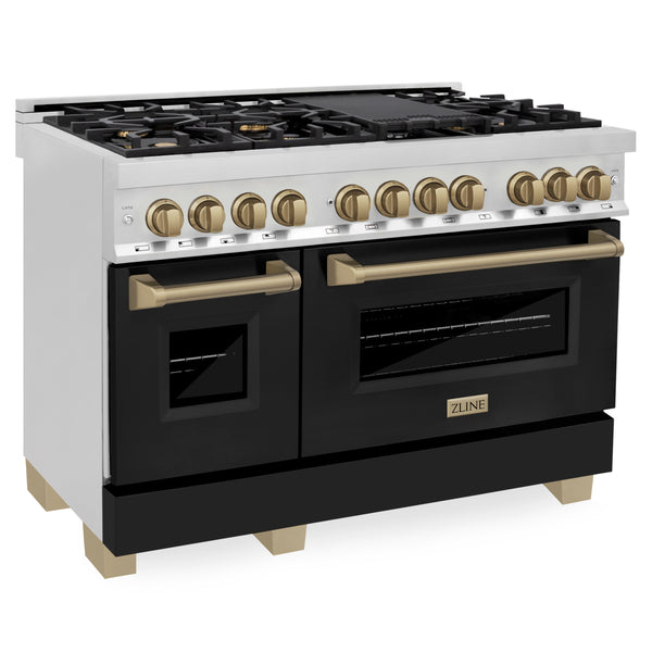 ZLINE Autograph Edition 48" 6.0 cu. ft. Dual Fuel Range with Gas Stove and Electric Oven in Stainless Steel with Black Matte Door and Champagne Bronze Accents (RAZ-BLM-48-CB)