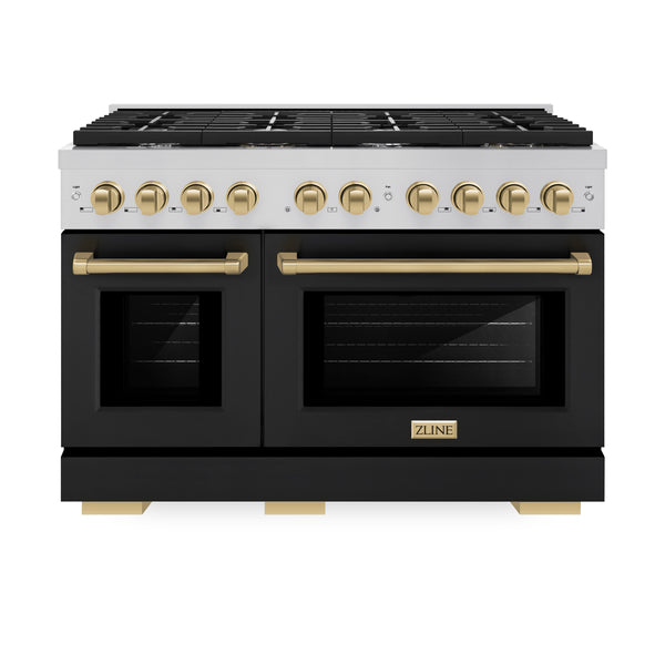 ZLINE Autograph Edition 48 in. 6.7 cu. ft. Paramount Double Oven Dual Fuel Range with 8 Burner Gas Cooktop in Stainless Steel with Black Matte Doors and Accents (SDRZ-BLM-48)