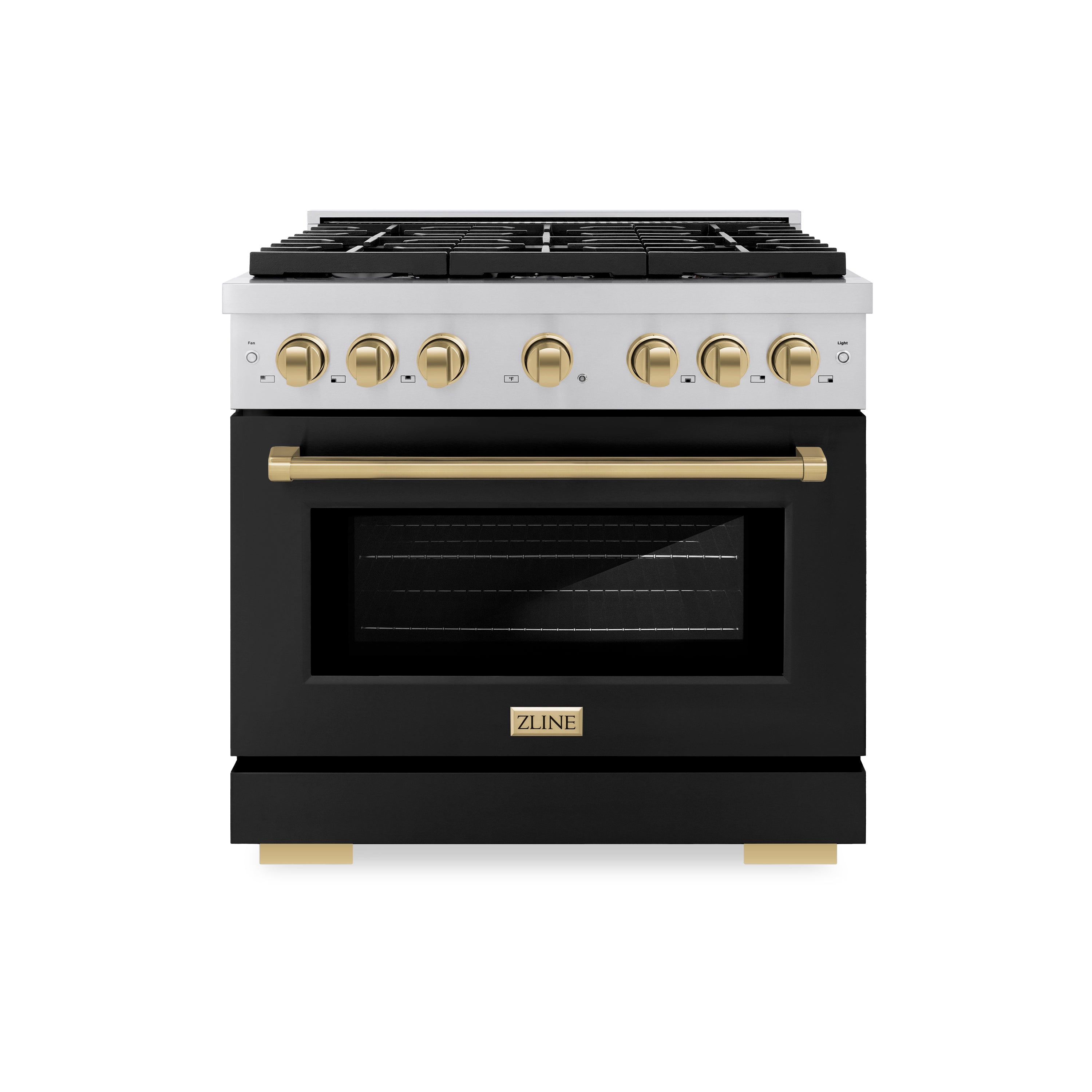 ZLINE Autograph Edition 36 in. 5.2 cu. ft. 6 Burner Gas Range with Convection Gas Oven in Stainless Steel with Black Matte Door and Champagne Bronze Accents (SGRZ-BLM-36-CB)