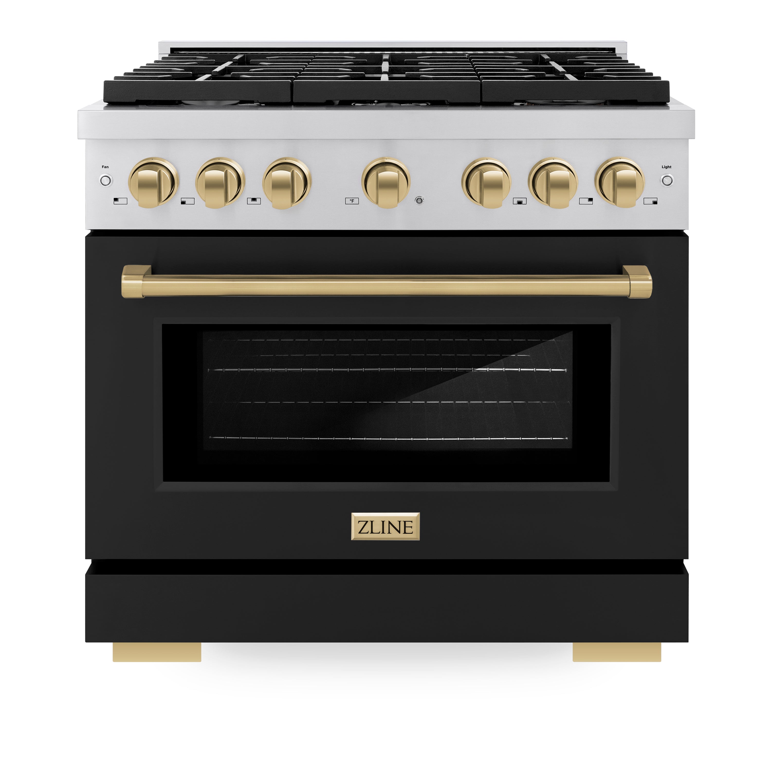 ZLINE Autograph Edition 36 in. 5.2 cu. ft. 6 Burner Gas Range with Convection Gas Oven in Stainless Steel with Black Matte Door and Champagne Bronze Accents (SGRZ-BLM-36-CB)