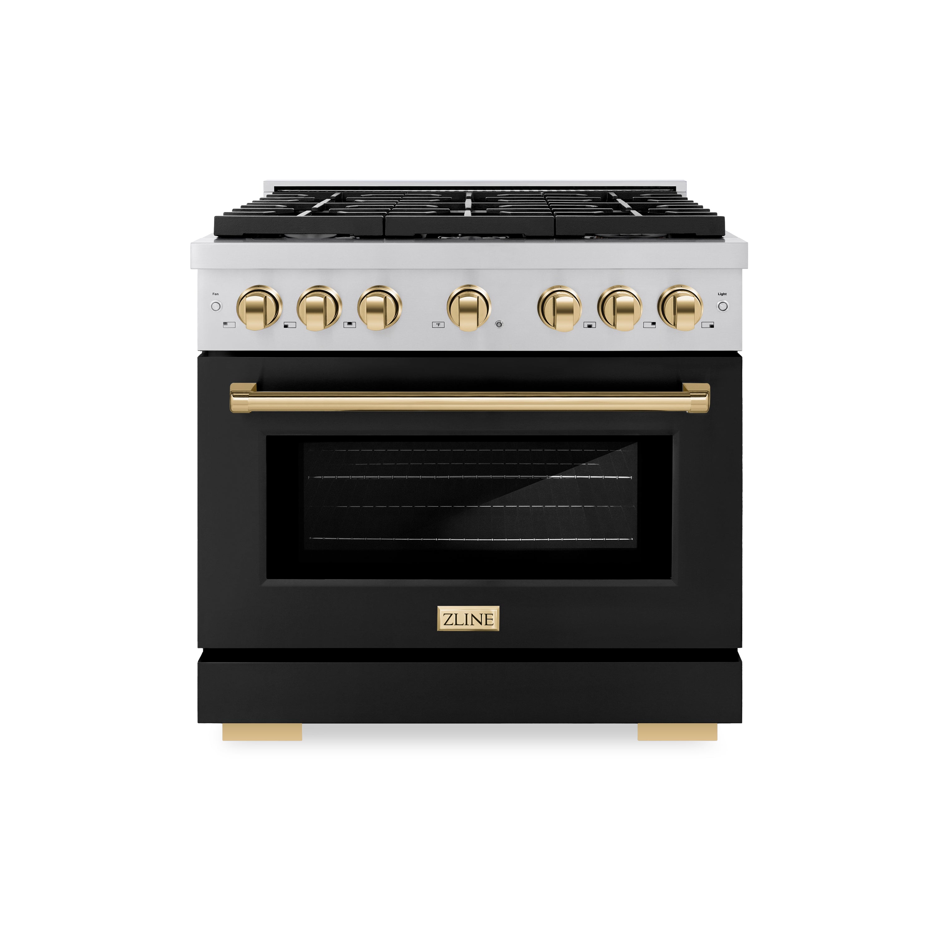 ZLINE Autograph Edition 36 in. 5.2 cu. ft. 6 Burner Gas Range with Convection Gas Oven in Stainless Steel with Black Matte Door and Polished Gold Accents (SGRZ-BLM-36-G)