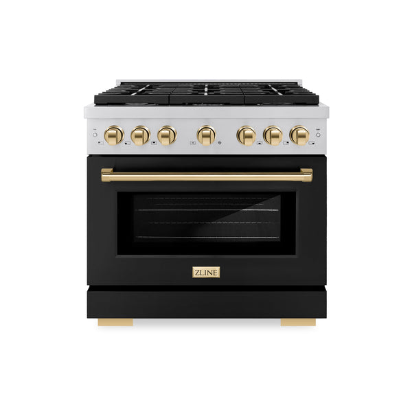 ZLINE Autograph Edition 36 in. 5.2 cu. ft. 6 Burner Gas Range with Convection Gas Oven in Stainless Steel with Black Matte Door and Polished Gold Accents (SGRZ-BLM-36-G)