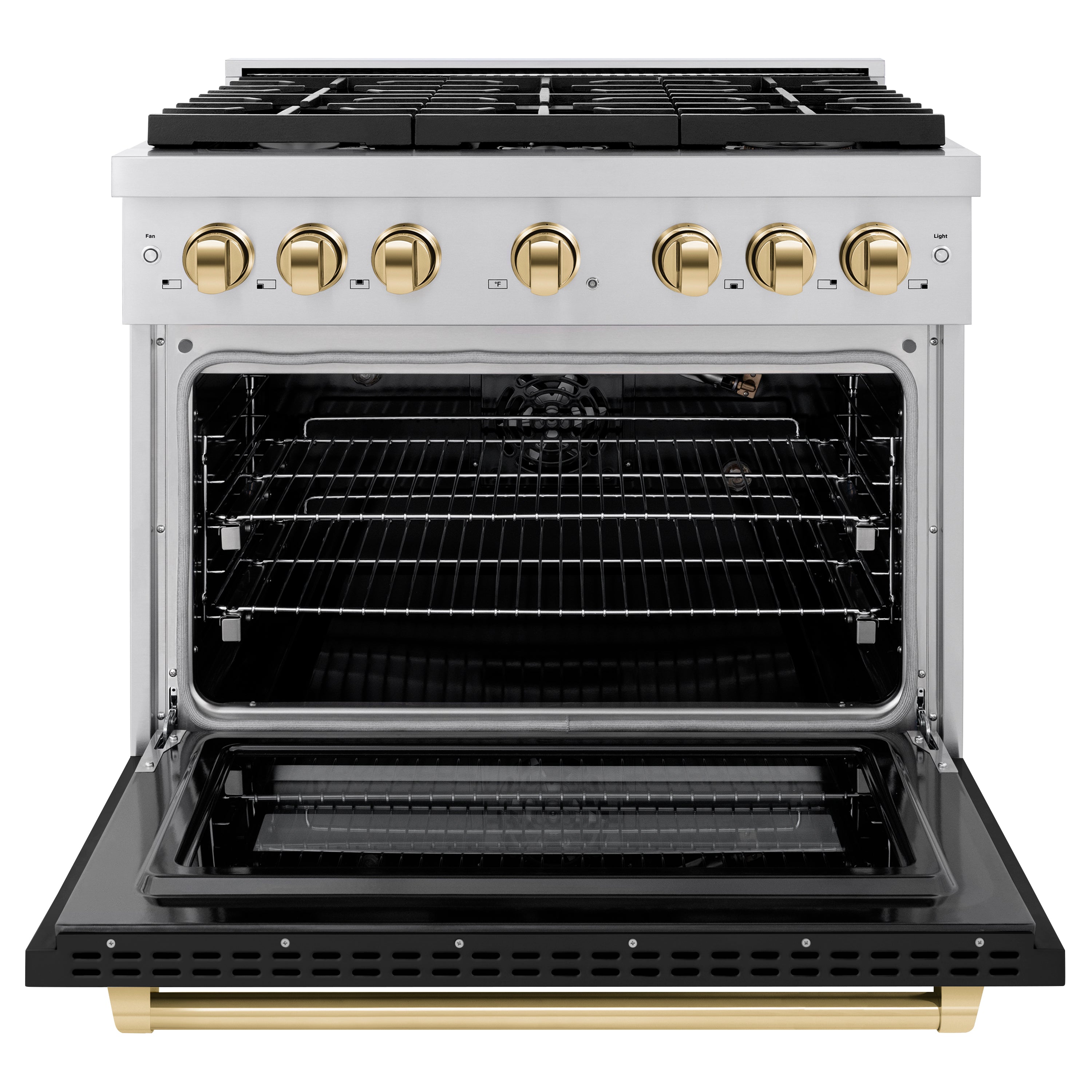 ZLINE Autograph Edition 36 in. 5.2 cu. ft. 6 Burner Gas Range with Convection Gas Oven in Stainless Steel with Black Matte Door and Polished Gold Accents (SGRZ-BLM-36-G)