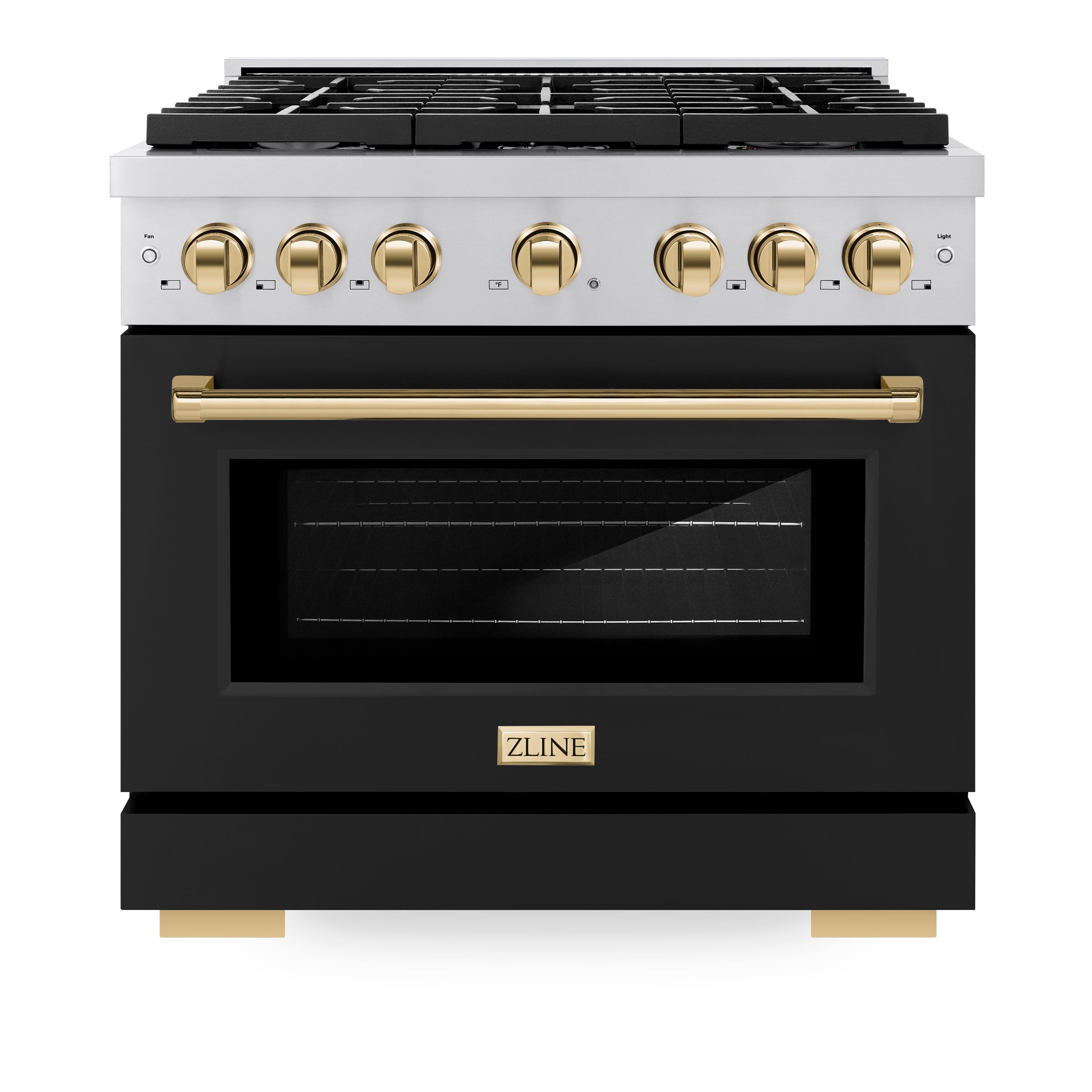 ZLINE Autograph Edition 36 in. 5.2 cu. ft. 6 Burner Gas Range with Convection Gas Oven in Stainless Steel with Black Matte Door and Polished Gold Accents (SGRZ-BLM-36-G)