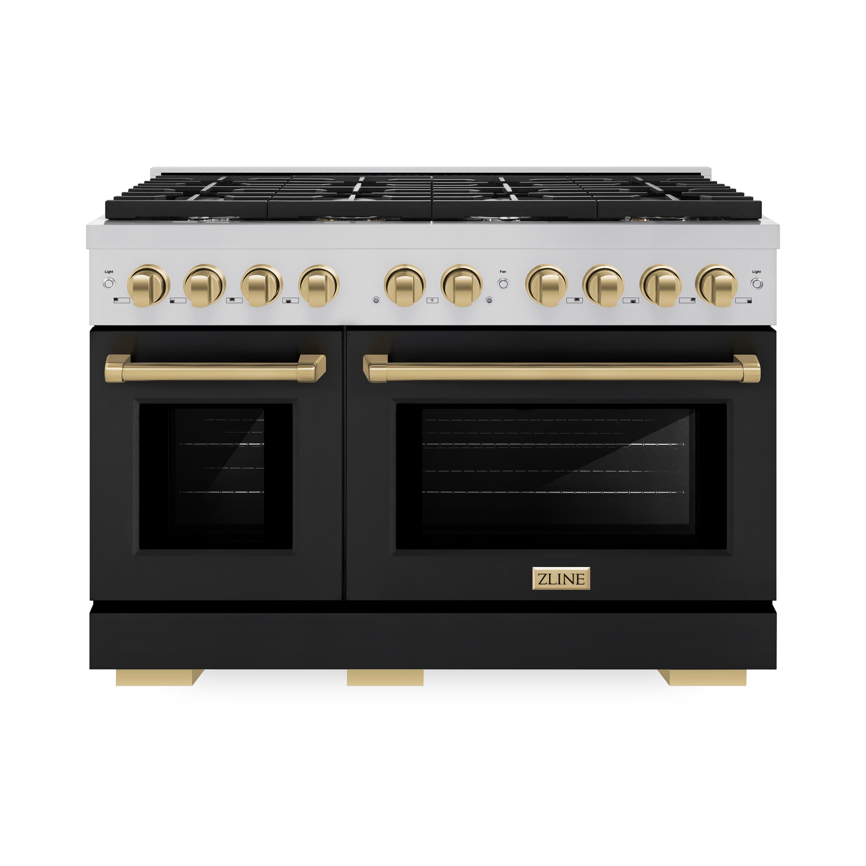 ZLINE Autograph Edition 48 in. 6.7 cu. ft. 8 Burner Double Oven Gas Range in Stainless Steel with Black Matte Doors and Champagne Bronze Accents (SGRZ-BLM-48-CB)