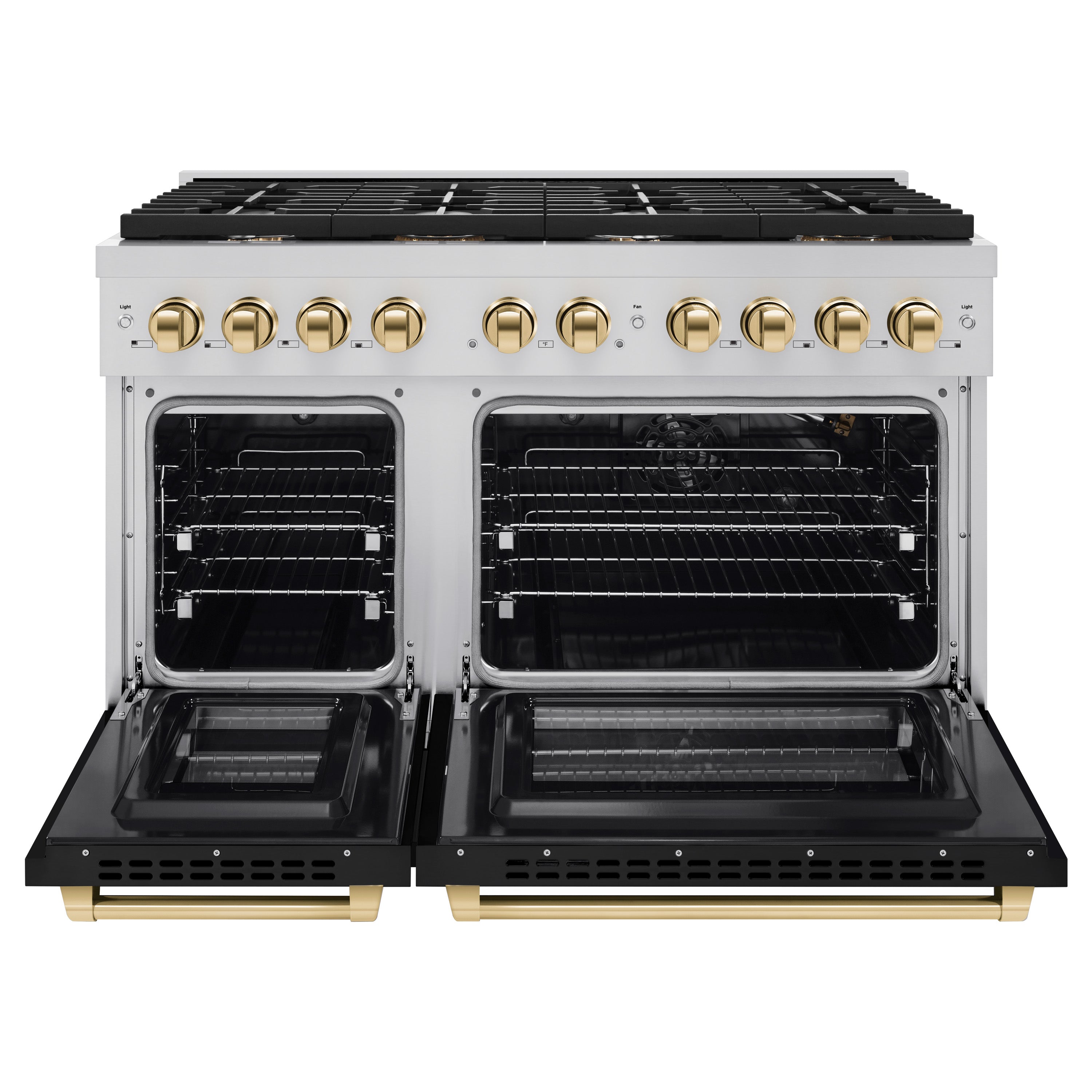 ZLINE Autograph Edition 48 in. 6.7 cu. ft. 8 Burner Double Oven Gas Range in Stainless Steel with Black Matte Doors and Polished Gold Accents (SGRZ-BLM-48-G)