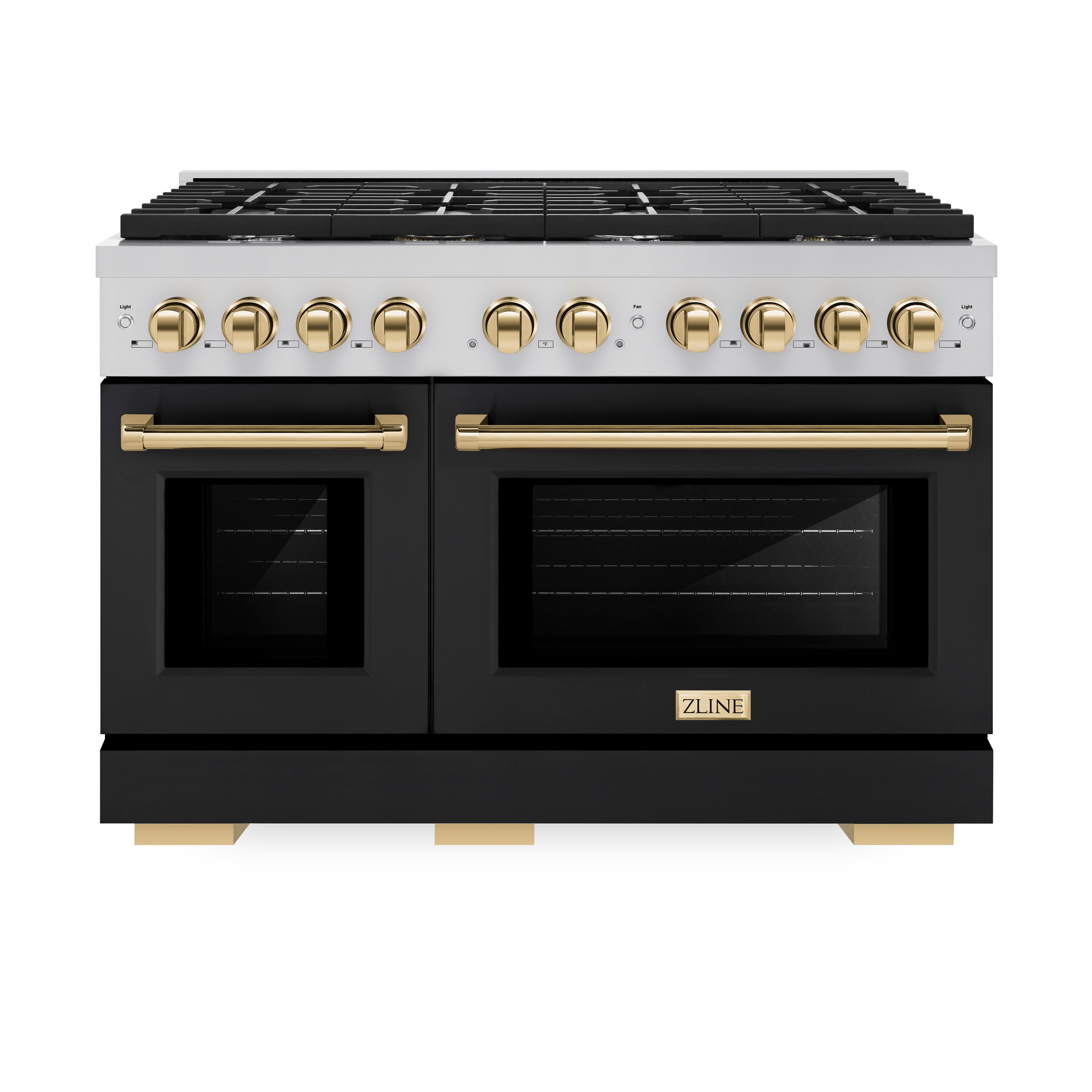 ZLINE Autograph Edition 48 in. 6.7 cu. ft. 8 Burner Double Oven Gas Range in Stainless Steel with Black Matte Doors and Polished Gold Accents (SGRZ-BLM-48-G)