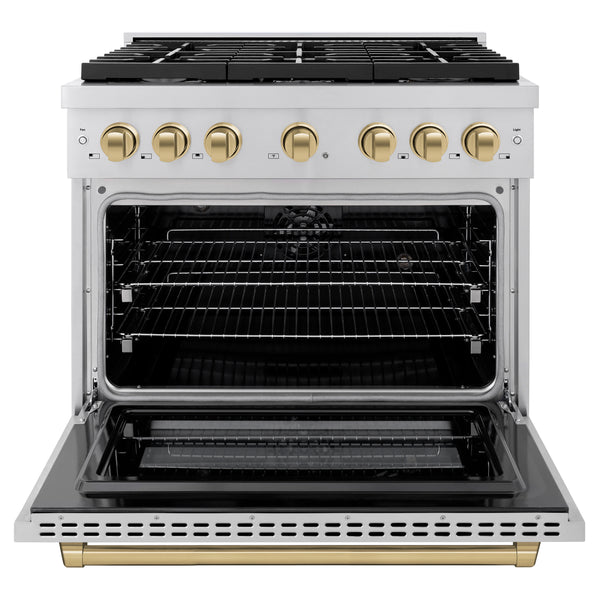 ZLINE Autograph Edition 36 in. 5.2 cu. ft. Paramount Dual Fuel Range with 6 Burner Gas Cooktop and Electric Convection Oven in Stainless Steel with Accents (SDRZ-36)