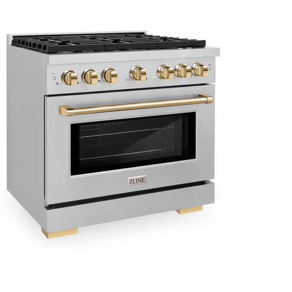 ZLINE Autograph Edition 36 in. 5.2 cu. ft. Paramount Dual Fuel Range with 6 Burner Gas Cooktop and Electric Convection Oven in Stainless Steel with Accents (SDRZ-36)