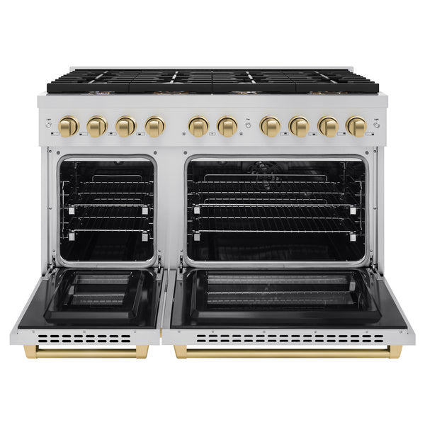 ZLINE Autograph Edition 48 in. 6.7 cu. ft. Paramount Double Oven Dual Fuel Range with 8 Burner Gas Cooktop in Stainless Steel and Accents (SDRZ-48)