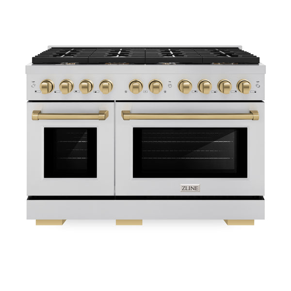 ZLINE Autograph Edition 48 in. 6.7 cu. ft. Paramount Double Oven Dual Fuel Range with 8 Burner Gas Cooktop in Stainless Steel and Accents (SDRZ-48)