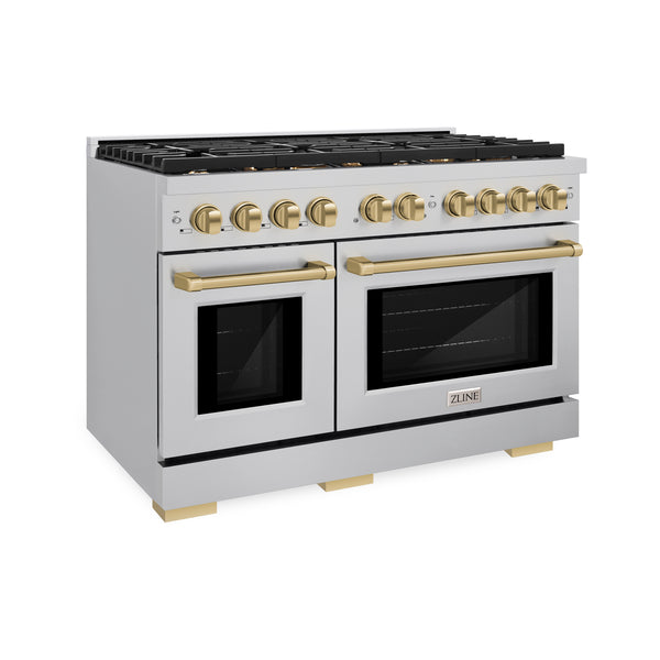 ZLINE Autograph Edition 48 in. 6.7 cu. ft. Paramount Double Oven Dual Fuel Range with 8 Burner Gas Cooktop in Stainless Steel and Accents (SDRZ-48)