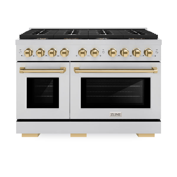 ZLINE Autograph Edition 48 in. 6.7 cu. ft. Paramount Double Oven Dual Fuel Range with 8 Burner Gas Cooktop in Stainless Steel and Accents (SDRZ-48)