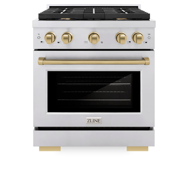 ZLINE Autograph Edition 30 in. 4.2 cu. ft. 4 Burner Gas Range with Convection Gas Oven in Stainless Steel with Champagne Bronze Accents (SGRZ-30-CB)