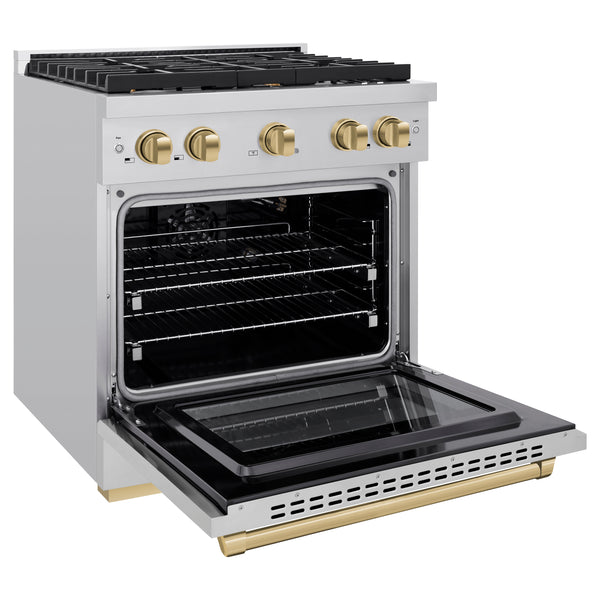 ZLINE Autograph Edition 30 in. 4.2 cu. ft. 4 Burner Gas Range with Convection Gas Oven in Stainless Steel with Champagne Bronze Accents (SGRZ-30-CB)