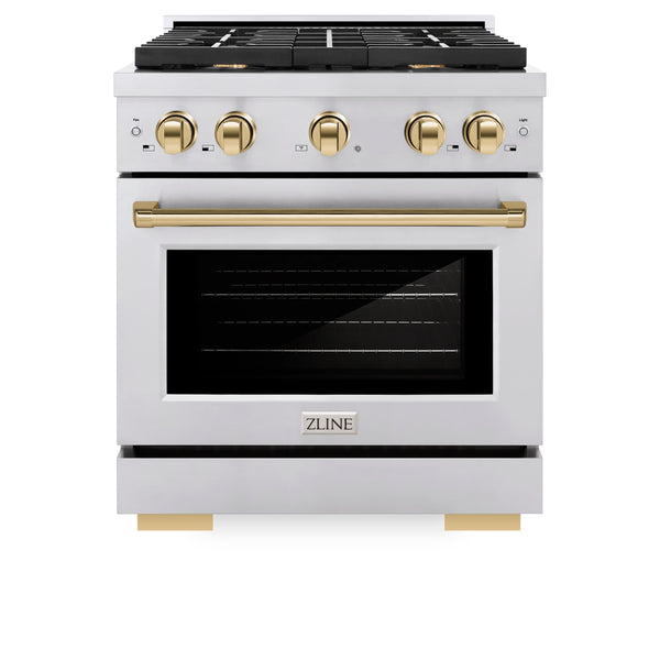 ZLINE Autograph Edition 30 in. 4.2 cu. ft. 4 Burner Gas Range with Convection Gas Oven in Stainless Steel and Polished Gold Accents (SGRZ-30-G)