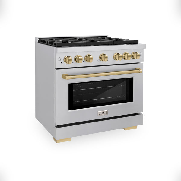 ZLINE Autograph Edition 36 in. 5.2 cu. ft. 6 Burner Gas Range with Convection Gas Oven in Stainless Steel and Champagne Bronze Accents (SGRZ-36-CB)