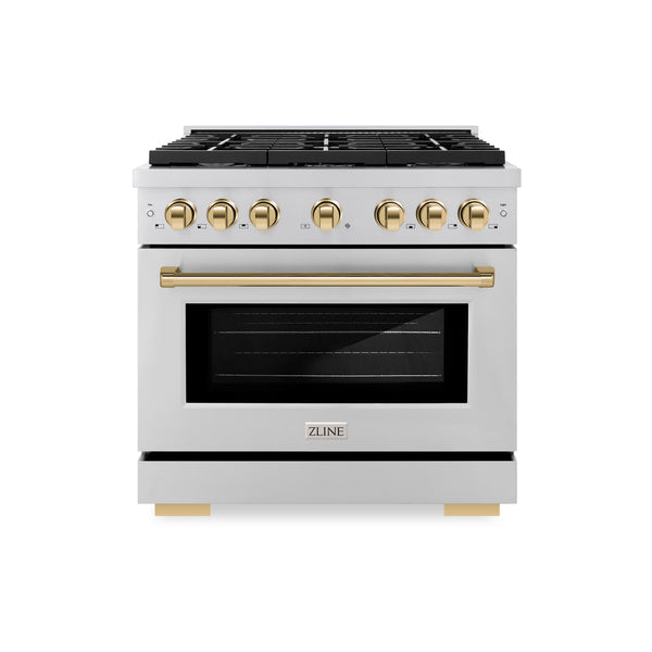 ZLINE Autograph Edition 36 in. 5.2 cu. ft. 6 Burner Gas Range with Convection Gas Oven in Stainless Steel and Polished Gold Accents (SGRZ-36-G)