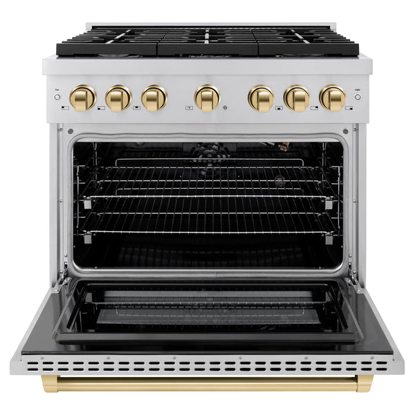 ZLINE Autograph Edition 36 in. 5.2 cu. ft. 6 Burner Gas Range with Convection Gas Oven in Stainless Steel and Polished Gold Accents (SGRZ-36-G)