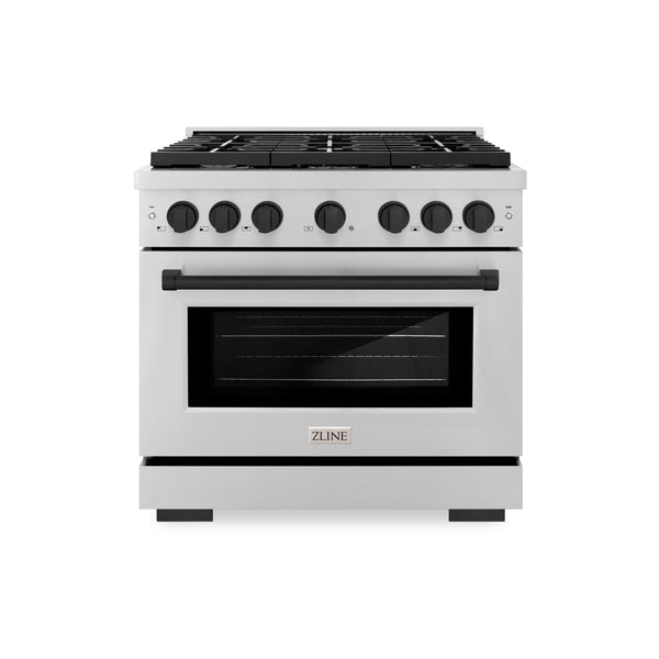 ZLINE Autograph Edition 36 in. 5.2 cu. ft. 6 Burner Gas Range with Convection Gas Oven in Stainless Steel and Matte Black Accents (SGRZ-36-MB)