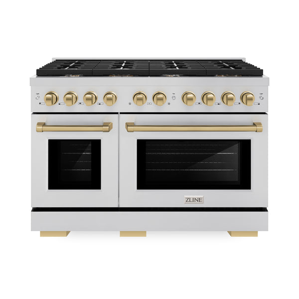 ZLINE Autograph Edition 48 in. 6.7 cu. ft. 8 Burner Double Oven Gas Range in Stainless Steel and Champagne Bronze Accents (SGRZ-48-CB)