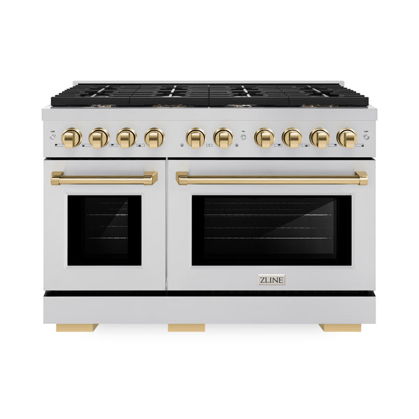 ZLINE Autograph Edition 48 in. 6.7 cu. ft. 8 Burner Double Oven Gas Range in Stainless Steel and Polished Gold Accents (SGRZ-48-G)