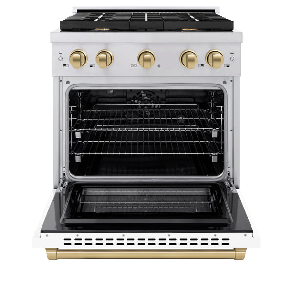 ZLINE Autograph Edition 30 in. 4.2 cu. ft. Paramount Dual Fuel Range with 4 Burner Gas Cooktop and Electric Convection Oven in Stainless Steel with White Matte Door and Accents (SDRZ-WM-30)