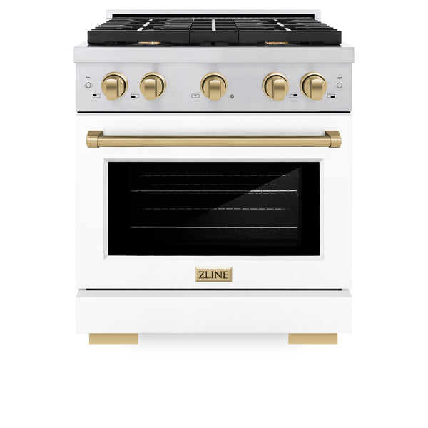 ZLINE Autograph Edition 30 in. 4.2 cu. ft. Paramount Dual Fuel Range with 4 Burner Gas Cooktop and Electric Convection Oven in Stainless Steel with White Matte Door and Accents (SDRZ-WM-30)