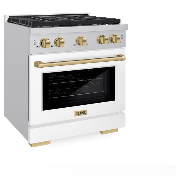 ZLINE Autograph Edition 30 in. 4.2 cu. ft. Paramount Dual Fuel Range with 4 Burner Gas Cooktop and Electric Convection Oven in Stainless Steel with White Matte Door and Accents (SDRZ-WM-30)