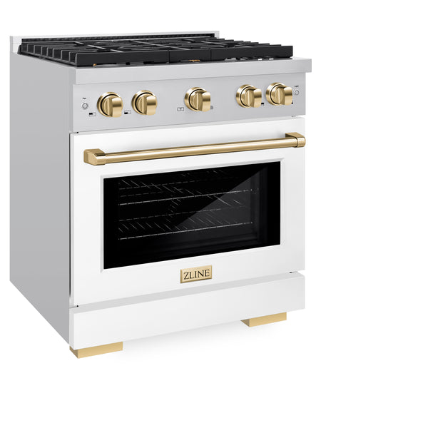 ZLINE Autograph Edition 30 in. 4.2 cu. ft. Paramount Dual Fuel Range with 4 Burner Gas Cooktop and Electric Convection Oven in Stainless Steel with White Matte Door and Accents (SDRZ-WM-30)