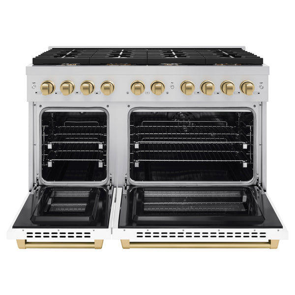 ZLINE Autograph Edition 48 in. 6.7 cu. ft. Paramount Double Oven Dual Fuel Range with 8 Burner Gas Cooktop in Stainless Steel with White Matte Doors and Champagne Bronze/Gold/Matte Black Accents (SDRZ-WM-48)